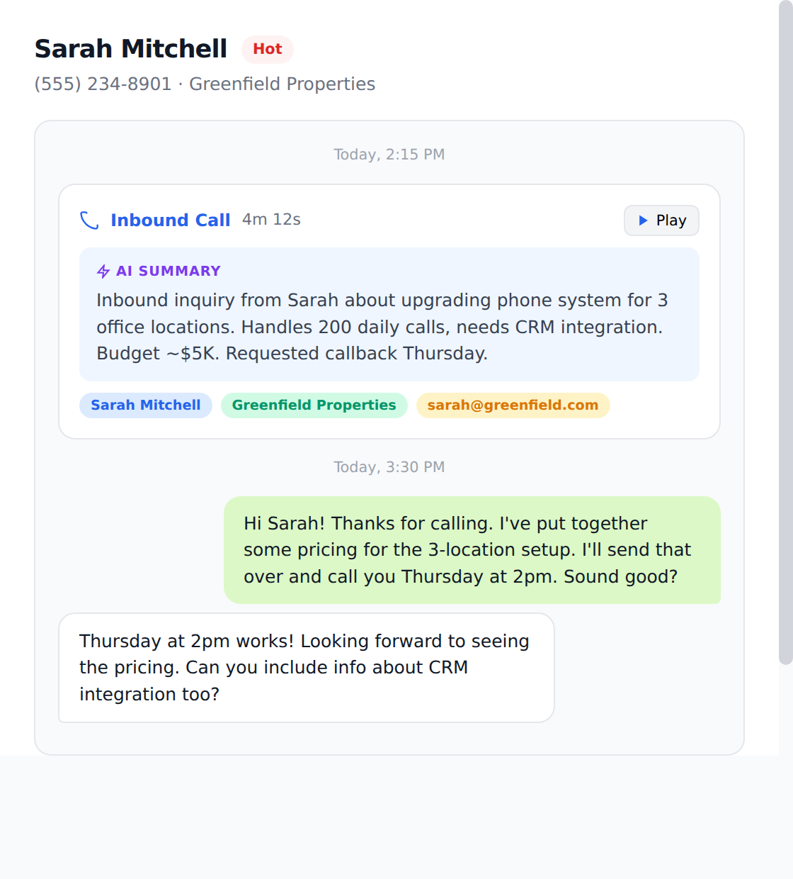AI transcription showing call summary with extracted contact details, company name, email, and suggested follow-up actions