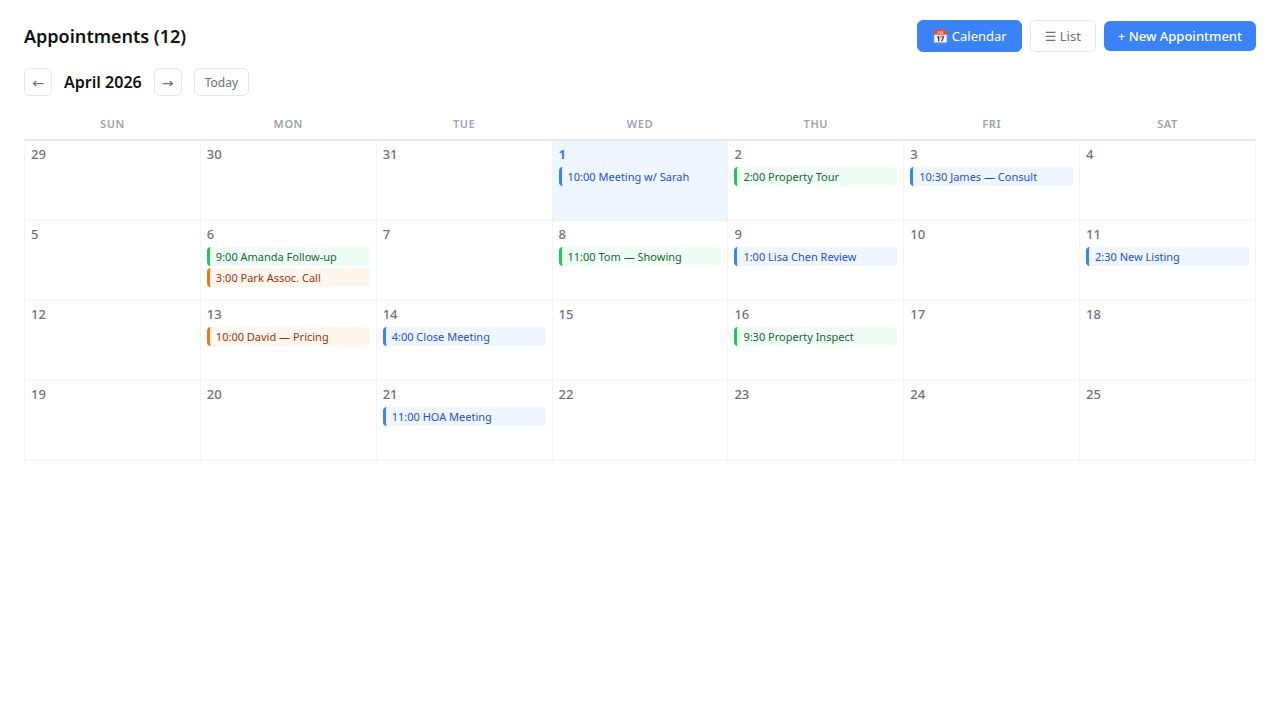 Appointments view showing AI-scheduled meetings with upcoming, completed, and no-show statuses, automatic reminders, and timezone-aware scheduling