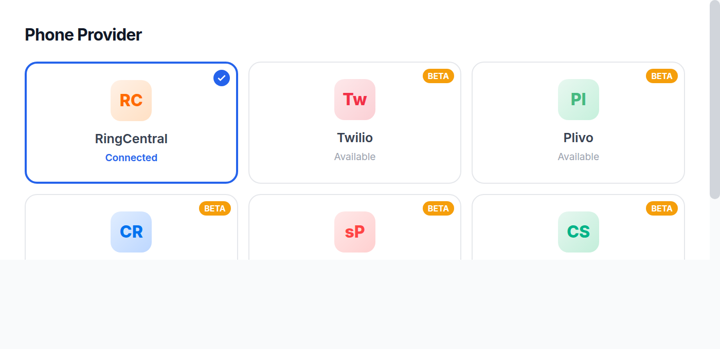 Multiple phone provider integrations including RingCentral, Twilio, Plivo, and more for multi-channel communication